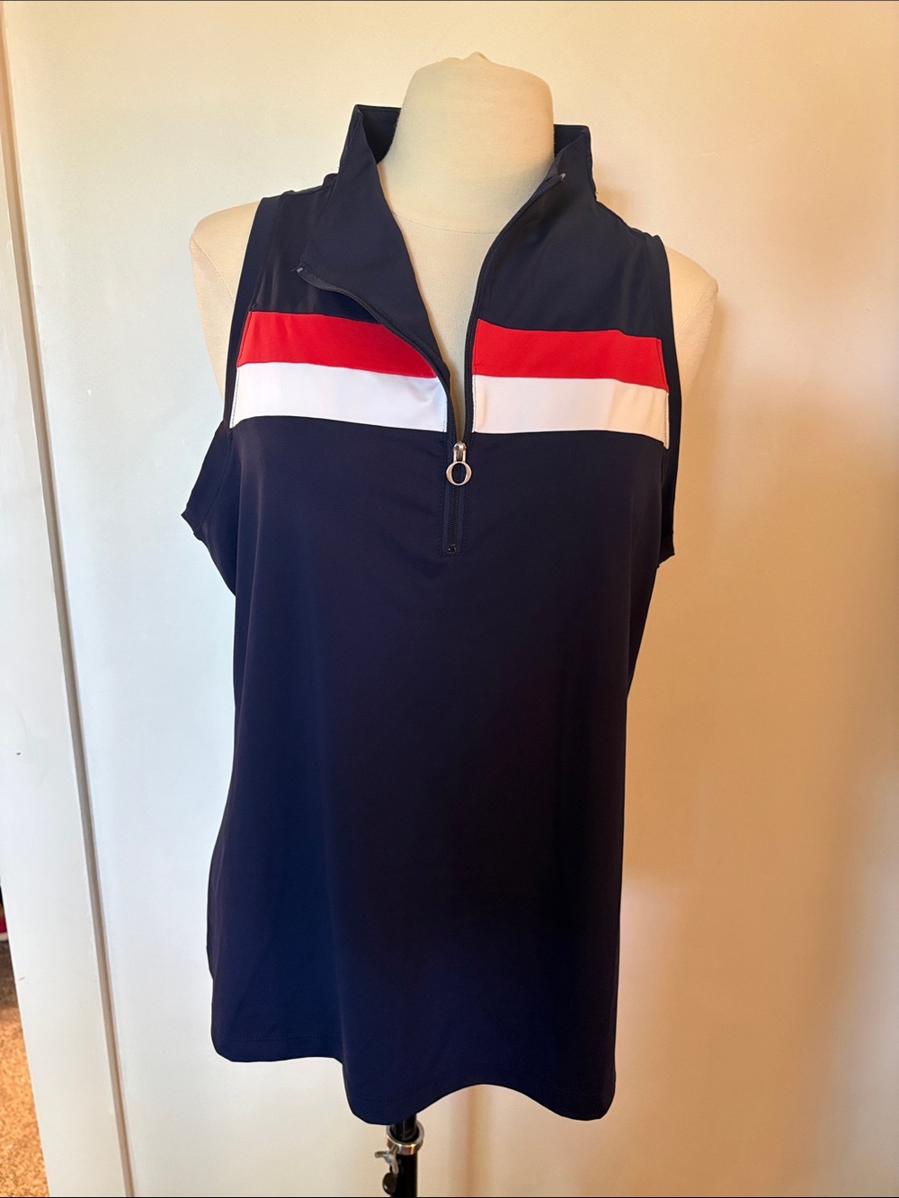 Kinona Navy Sleeveless Polo Tank with Red & White Chest Stripes